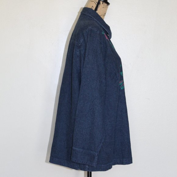 Liz & Me Blue Denim Button Up Long Sleeve Shirt Embroidered Flowers Womens XL/1X - Picture 4 of 9